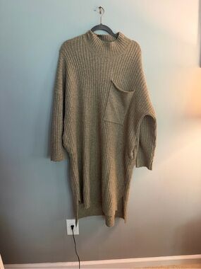 Oversized Ribbed Pocket Sweater Dress in Camel